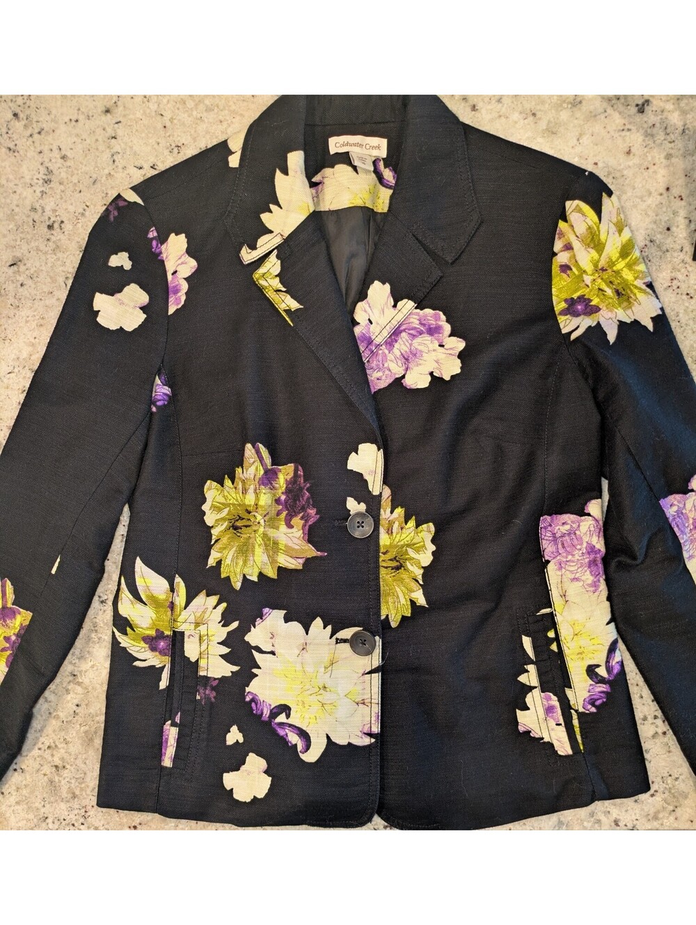 Coldwater Creek Black Floral Blazer Size 10 Cottage Whimsical